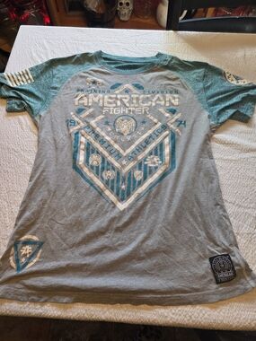 American Fighter Men’s Gray & Teal Graphic Crew Neck T-Shirt Xl